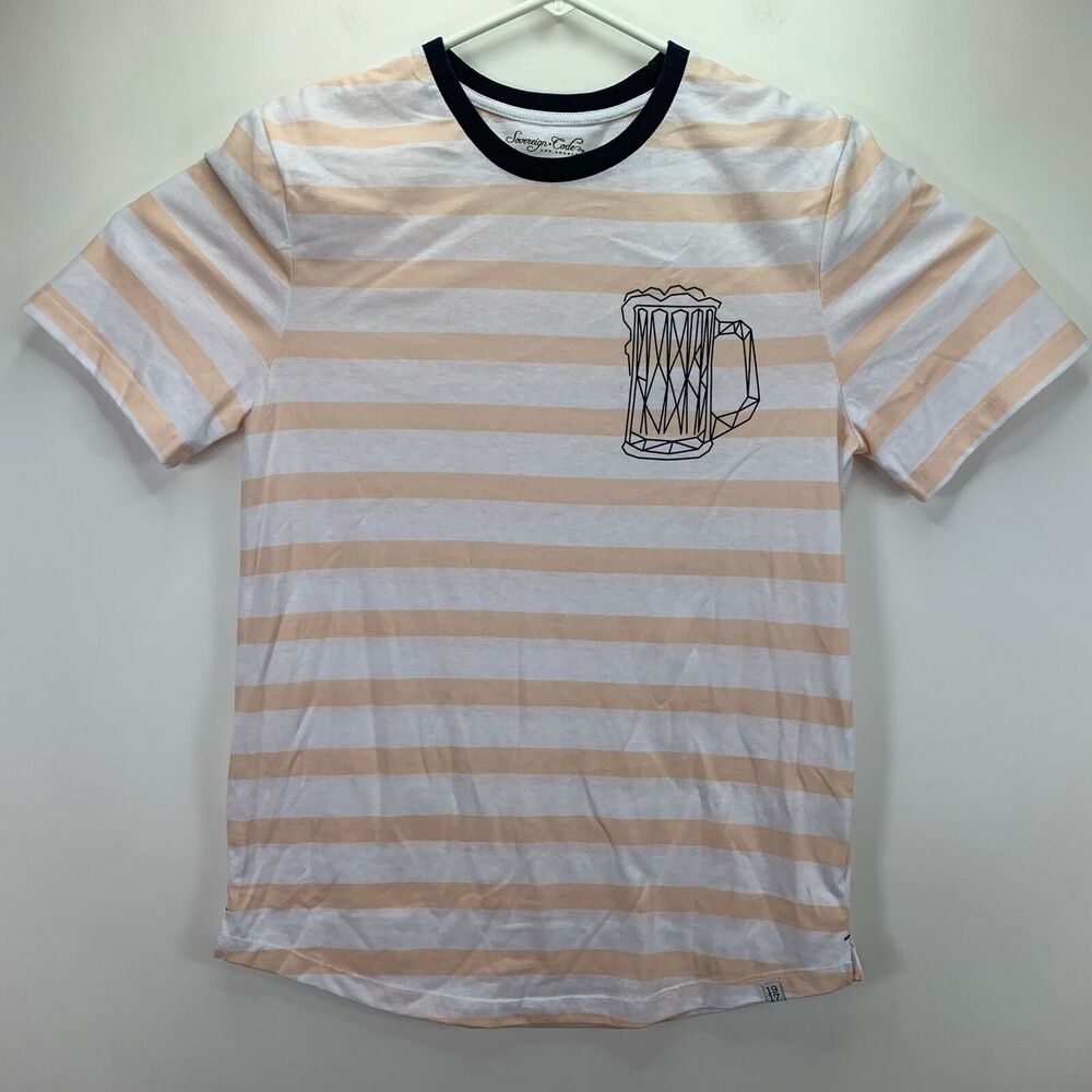 Sovereign Code Mens Mug Print Striped Short Sleeve T-Shirt Peach White M